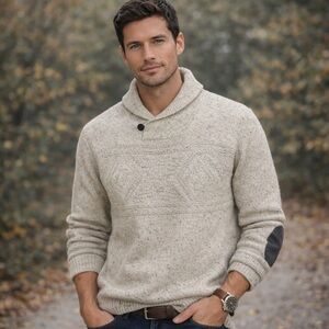 Chaps Men’s Shawl Collar Knit Sweater Elbow Patch Oatmeal L